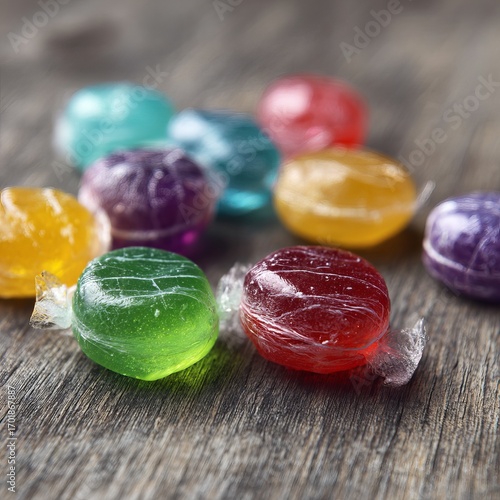 Vibrant Candy Delights: A close-up shot of assorted, individually wrapped hard candies showcases their jewel-toned transparency and delicious promise on a rustic wood surface.