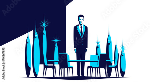 A Sole Leader Stands Tall Amidst a Council of Illuminated Figures Representing Innovation and Growth