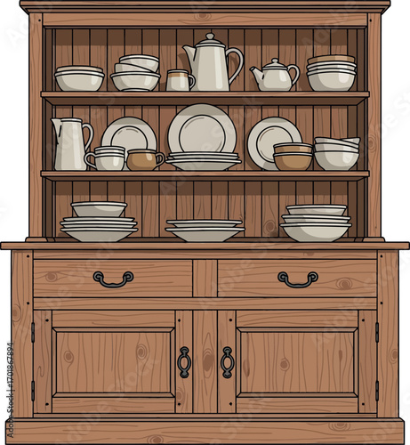 Wooden Hutch with Dishes & Tea Set