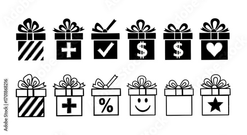 Collection of Gift Boxes with Various Symbols Indicating Different Occasions and Concepts Represented as Icons