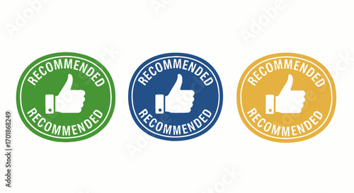 Three Circular Recommended Badges Featuring a Thumbs Up Symbol in Green Blue and Yellow Colors