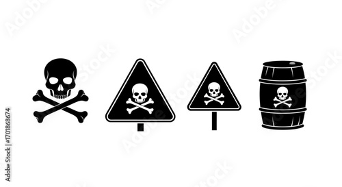 Warning Signs and Symbols Representing Danger and Toxicity Including a Skull and Crossbones Emblem on a Barrel a Classic Danger Icon