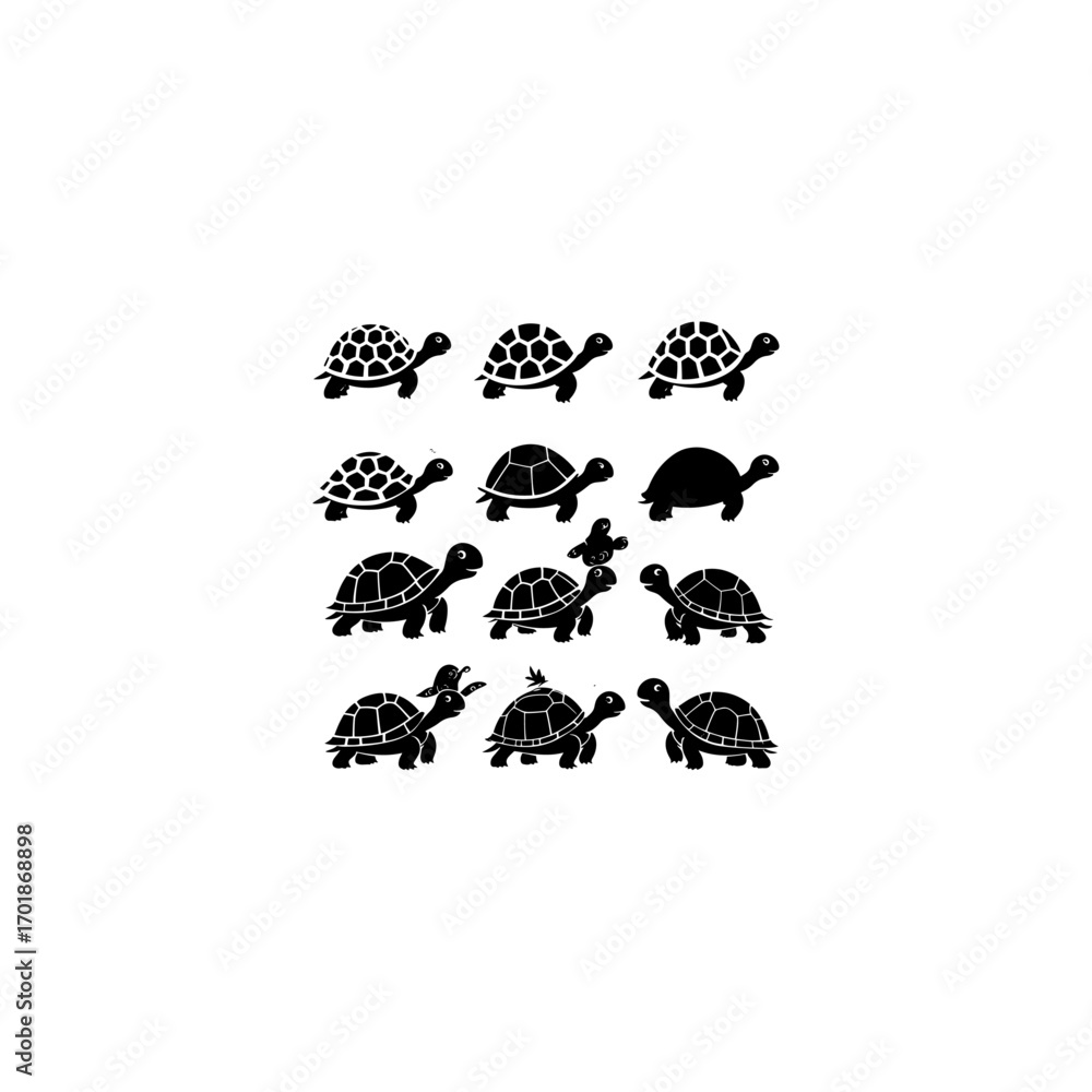 Obraz premium Sea turtle silhouette vector set in black and white, side profile design, marine animal icon collection for ocean-themed artwork 