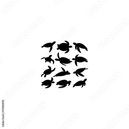 Sea turtle silhouette vector set in black and white, side profile design, marine animal icon collection for ocean-themed artwork 