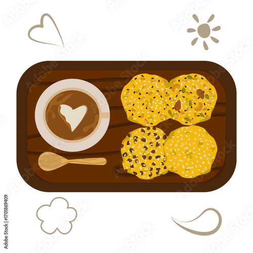 Oatmeal and cereal cookies with coffee delicious breakfast vector illustration