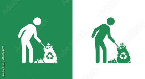 Recycling icon depicting a person collecting litter into a reusable bag with the recycling symbol on it for environmental cleanup efforts and sustainability initiatives