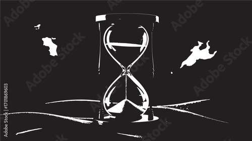 An hourglass sits on the ground sand slowly dripping with abstract shapes floating around it symbolizing the fleeting nature of time and mortality