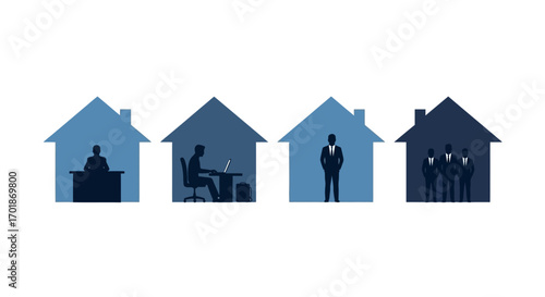 Representing Different Work Environments And Professional Scenarios Inside Stylized Houses Illustrating Diverse Business And Home Office Arrangements