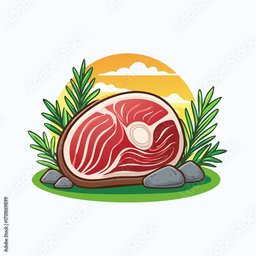 Fresh Red Meat Slice on Green Grass With Rocks and Tropical Leaves At Sunset
