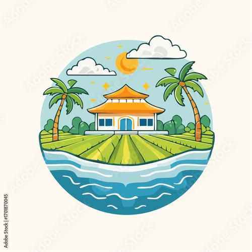 Tropical Island Home with Palm Trees and Green Rice Fields