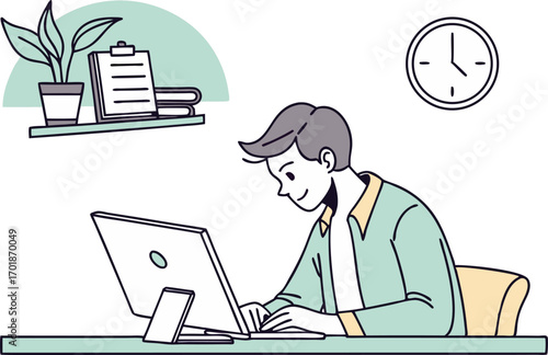 Focused worker diligently working on computer in a modern office.