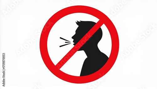A minimalist prohibition sign featuring a black silhouette of a person's profile in the act of spitting. A bold red circle and diagonal line cross through the image, indicating that spitting is prohib