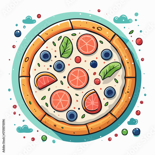 Dessert Pizza With Blueberries Grapefruit and Mint on Teal Background