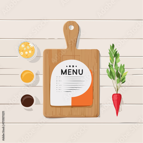 Restaurant Menu on Wooden Cutting Board with Ingredients