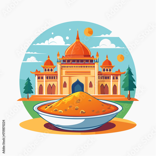 Bowl of Biryani with Majestic Mosque in Pixel Art