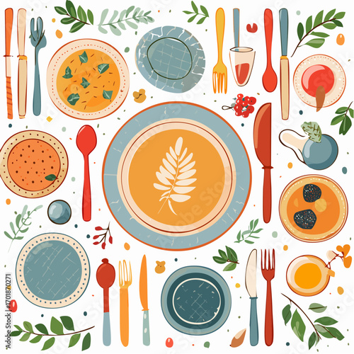Autumn Themed Flat Lay of Plates Cutlery and Fall Foods