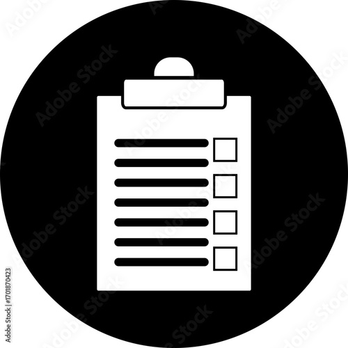 Illustration vector of a white/transparent clipboard with lines and boxes on a black circular background design