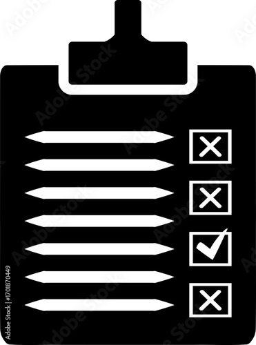 Black clipboard with checklist boxes and lines showing one item is checked and others are not marked