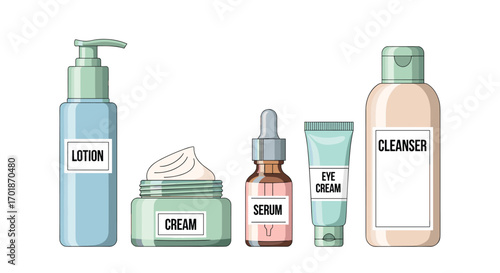 Skincare essentials for radiant beauty including lotion cream serum eye cream and cleanser perfect for a modern beauty routine, Generative AI.