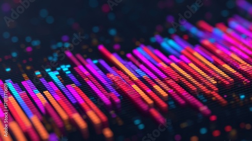 A vibrant visual representation of sound waves, showcasing colorful bars in various lengths and hues against a dark background.