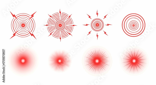 Set of Abstract Red Concentric Circles and Radial Burst Effects Indicating Sound Waves or Energy Emanations on a White Background