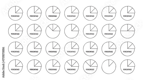 Collection of 24 pie charts with varying segments perfect for data visualization presentations and reports offering a clean and versatile design