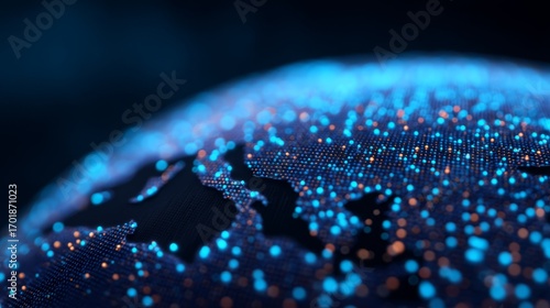 A glowing, digital representation of Earth highlights interconnected regions with vibrant blue and orange dots, symbolizing technology and global connectivity.
