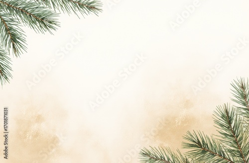 Festive evergreen pine branches on elegant beige background