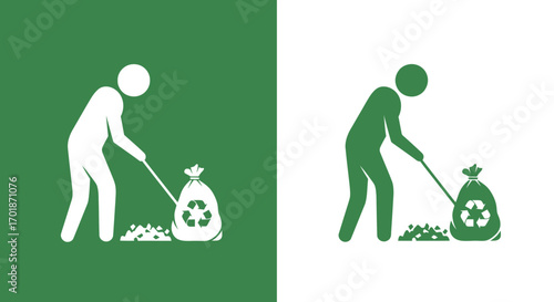 Illustrations of a person cleaning up debris and placing it into a recycling bag highlighting environmental responsibility and community service efforts