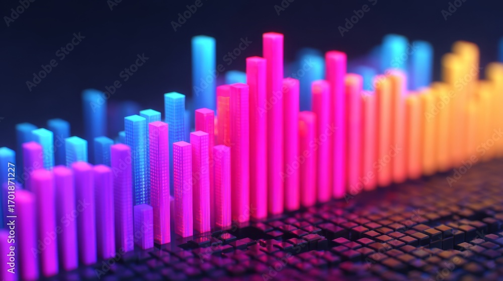 Obraz premium A vibrant abstract representation of data visualization with colorful bars and a digital grid background.