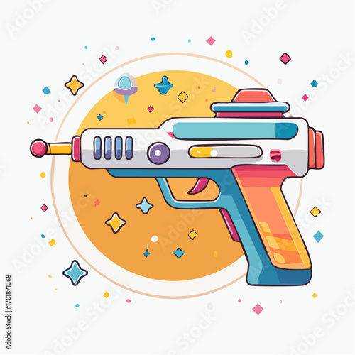 Pixel Art Ray Gun On Yellow Orange Circular Background
