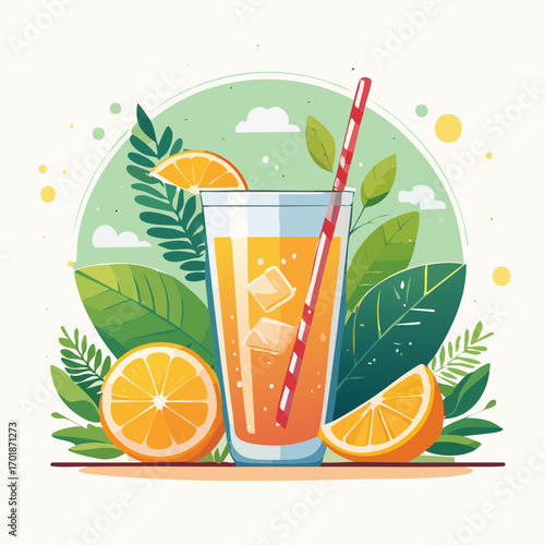 Refreshing Orange Juice with Ice and Tropical Leaves