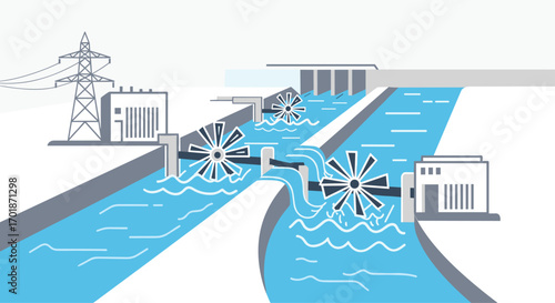 Explore innovative hydroelectric energy with water turbines generating power from flowing river water in a modern eco-friendly power plant system, Generative AI.