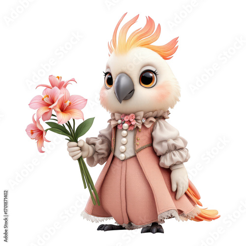 Charming Cockatoo in Pink Victorian Dress Holding a Bouquet of Pink Lilies.