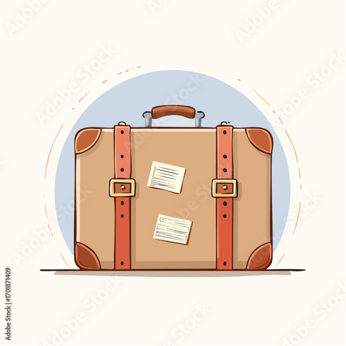 Brown Vintage Suitcase With Red Straps And Travel Stickers