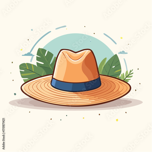 Brown Summer Sun Hat With Blue Band and Tropical Leaves
