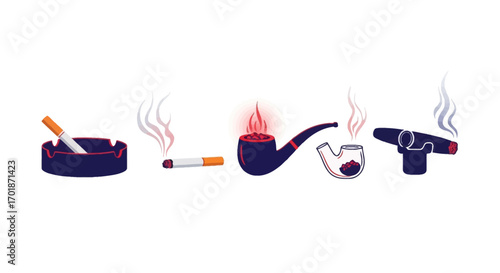 Smoking accessories illustration showing cigarettes cigars pipes and ash tray with smoke and ember