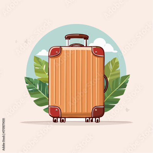 Beige Pixel Art Suitcase with Tropical Leaves and Sky Background