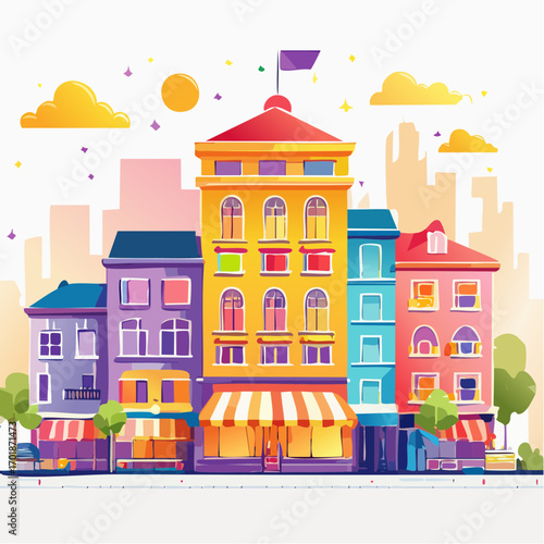 Colorful European Cityscape With Shops and Cafe