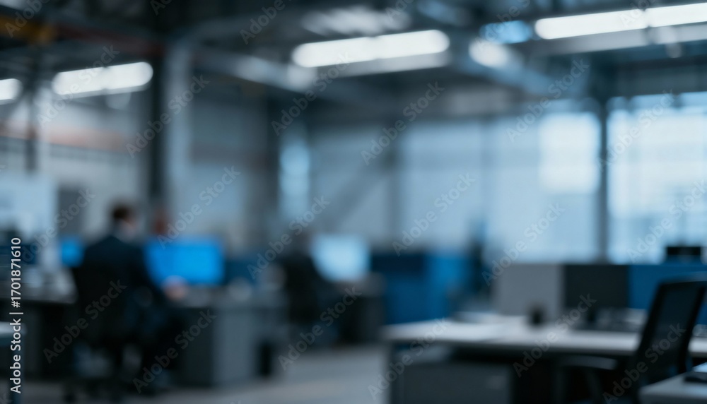 Obraz premium Blurred View of Contemporary Office Space with Desks, Computers, and Employees in Modern Environment