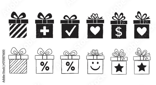 Collection of Hand Drawn Gift Boxes Featuring Various Icons and Symbols Representing Celebration and Appreciation