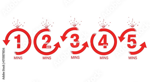 A Chronological Sequence of Five Circular Arrows Each Displaying a Number from One to Five Indicating Minutes And Emitting Sparks