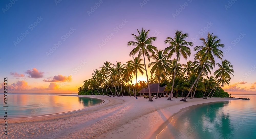 Fototapeta premium Idyllic tropical island with palm trees at sunset over calm ocean water