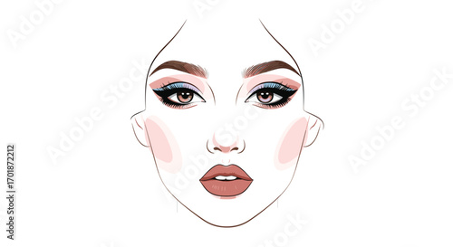 Elegant makeup face chart featuring expertly applied eyeshadow blush and lipstick perfect for beauty tutorials and professional design, Generative AI.
