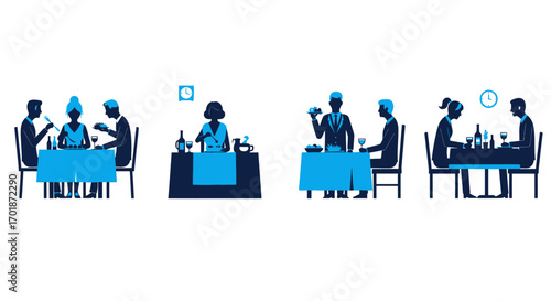 Illustrations of people enjoying meals together at tables with food and drinks in a restaurant setting a casual dining experience depicted in a minimalist style