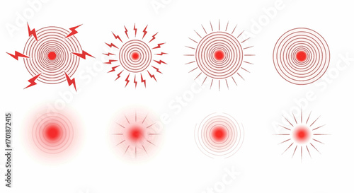 Collection of Red Concentric Circles Representing Pain or Heat Intensity with Lightning Bolt Accents and Subtle Glow Effects Illustrating Sensations