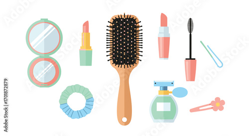 Chic beauty accessories for a glam routine including lipstick hairbrush compact mirror perfume hair tie and clip for creating a stylish look, Generative AI.