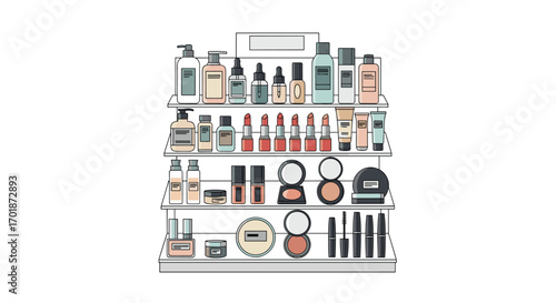 Organized makeup display with vibrant lipsticks and skincare bottles perfect for beauty bloggers product ads or cosmetic store promotions, Generative AI.