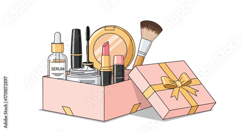 Elegant beauty gift box overflowing with makeup essentials perfect for commercial promotions and beauty brand marketing, Generative AI.