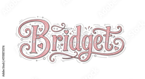 Bridget is displayed in pink lettering with ornate swirls and embellishments against a white background